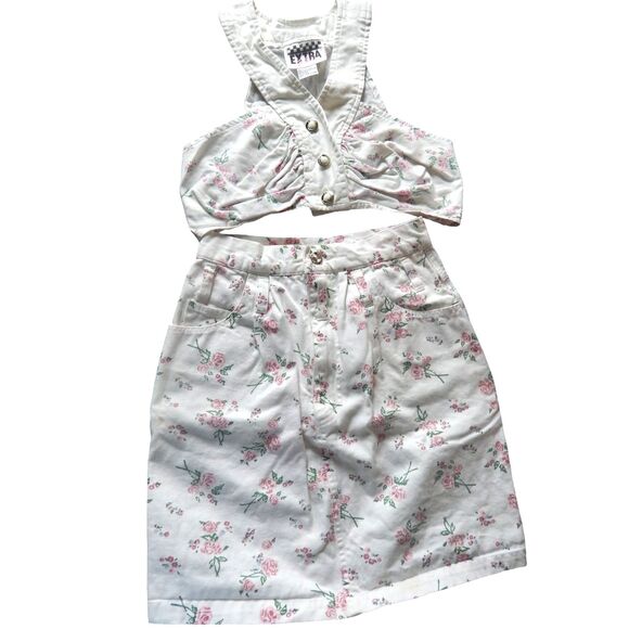 EXTRA BLUES women's size 1 vintage floral denim skirt & XS crop top tank set - Picture 1 of 16
